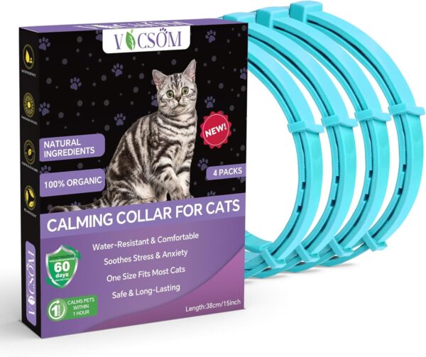 VICSOM Cat Calming Collar, Calming Pheromone Collar for Cats, Anti Anxiety Relief Stress Adjustable Waterproof Cat Calm Collar with 60 Days Natural Calm Treatment 4 Packs 15In, Light Blue