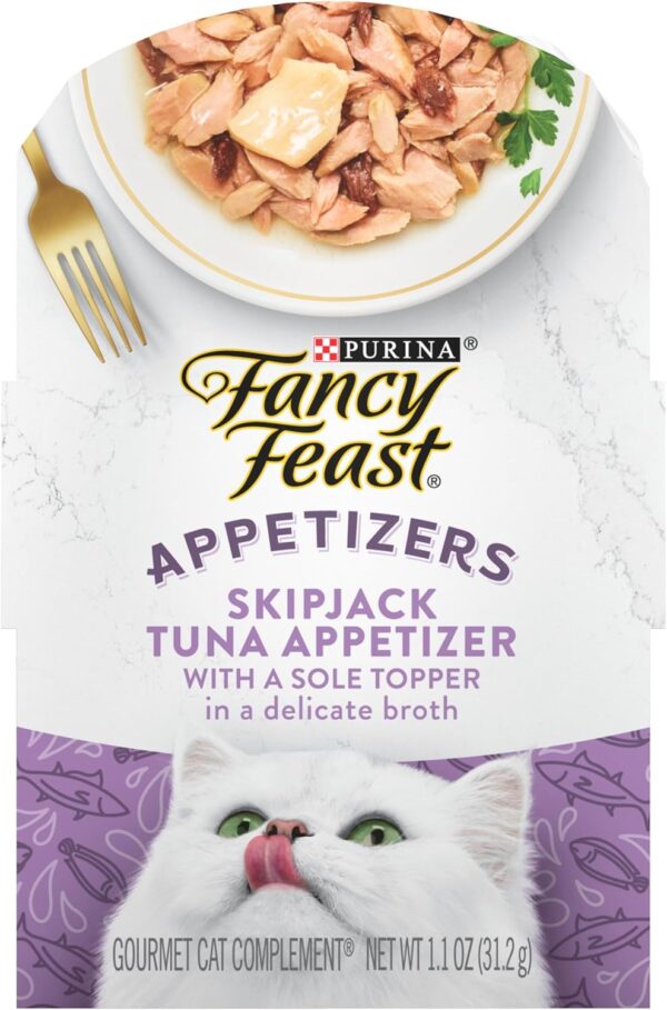 Purina Fancy Feast Appetizers Lickable Grain Free Wet Cat Food Topper Skipjack Tuna Appetizer with Sole - (Pack of 10) 1.1 oz. Trays