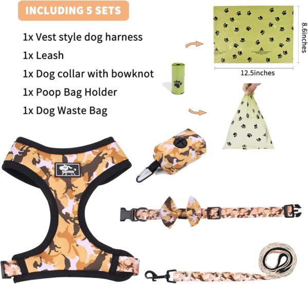 Dog Harness and Leash Set for Small Dogs, Adjustable Reflective No Pull Dog Vest Harness for Puppy with Bow-tie Collar, Leash and Poop Bag (S, Yellow Camouflage) - Image 7