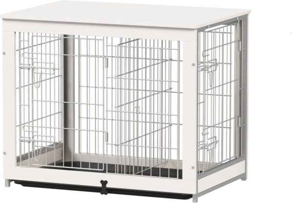 Piskyet Wooden Dog Crate Furniture with Divider Panel, Dog Crate End Table with Fixable Slide Tray, Double Doors Dog Kennel Indoor for Dogs(M:31.8" L*22.1" W*26.3" H,White)