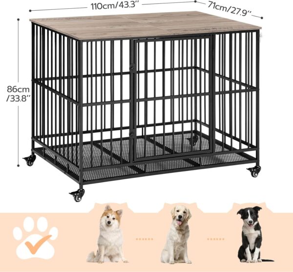 HOOBRO Heavy Duty Dog Crate, 43.3" Large Dog Kennel Furniture Indoor with Flip-Top, Indestructible Dog Crate End Side Table with Wheels, for Small/Medium/Large Dog, Greige and Black BG110GW03G1 - Image 3