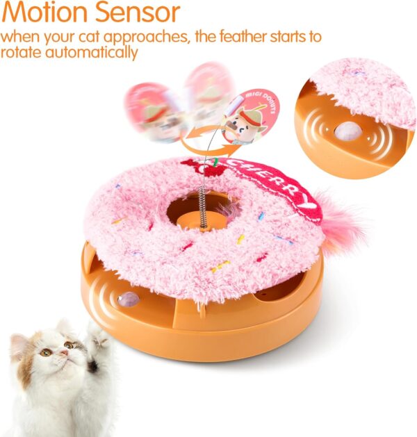 Migipaws Interactive Cat Toys, Automatic Frenzy Donut cat Toy with Moving Feather,Catnip, Squeaking for Indoor Cats Rechargeable (Cherry)… - Image 4