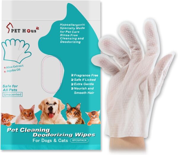 PETHous Pet Glove Wipes for Dogs & Cats, | Cleaning & Deodorizing-Grooming Gloves | Pet Bathing Wipes，Pet Care-Rinse Free, Hypoallergenic, Nourish Fur Glove Wipes for Daily Care and Traveling -6 PCS