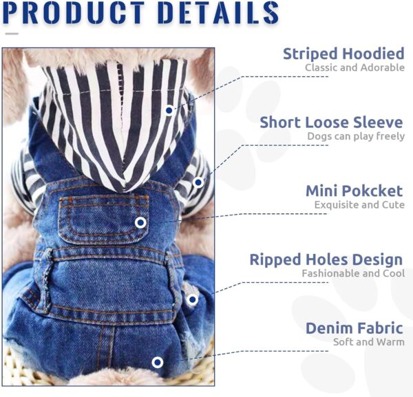 Small Dog Hoodie Clothes Cute Stripe Shirts Denim Jumpsuit One-Piece Outfit for Small Medium Dogs Cats Boy Girl Chihuahua Blue Jeans Overalls Puppy Costume (Blue,XS) - Image 8