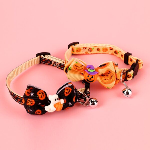 2pcs Halloween Cat Collar, Adjustable Cat Collar with Bow Printed Pumpkin Ghost Pattern Cat Collar Breakaway with Silver Bell Cute Collar for Kitten Puppy - Image 3