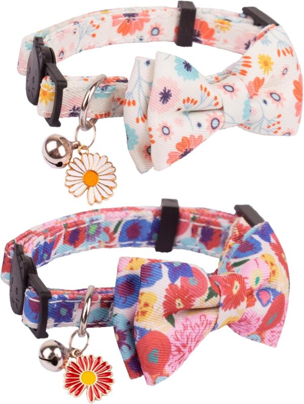 ADOGGYGO Floral Cat Collar Breakaway with Bow Tie Bell - 2 Pack Cute Flower Cat Collars with Removable Bowtie Floral Bowtie Collars for Cat Kitten (Floral, 7.5"- 10.5") - Image 2