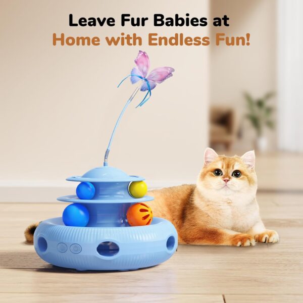 Cat Toys, 4-in-1 Rechargeable Automatic Interactive Cat Toy with Fluttering Butterfly, Random Moving Ambush Feather, Two-Tier Track Balls, 5H Smart Standby, Touch-Activated - Image 7