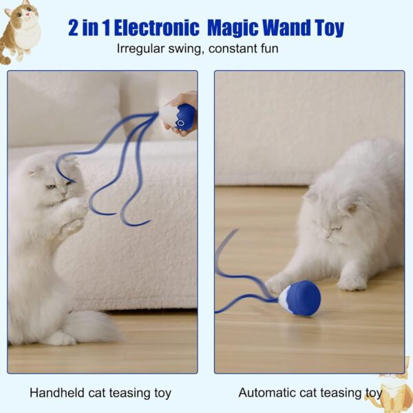 Cat Wand Toy, Automatic Silicone Tail Teaser Toy 2 in 1, Electronic Interactive Toy for Indoor Cats, Rechargeable Exercise Toy for Kitten-Navyblue - Image 2