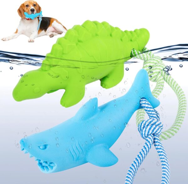 Dog Floating Toy, Dog Chew Toy for Aggressive Chewers, Pool Toy with Rope for Interactive Fetch & Play, Dog Beach Toy Set (Shark+Dino)