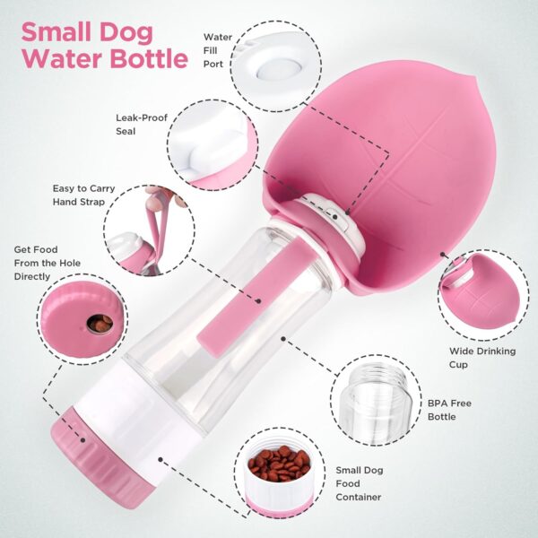 Dog Water Bottle, Pet Water Bottle with Food Container and Drinking Feeder, Leak Proof, BPA-Free, Portable Foldable Puppy Water cup Dispenser for Outdoor Walking, Travel, Hiking Small Pink - Image 2