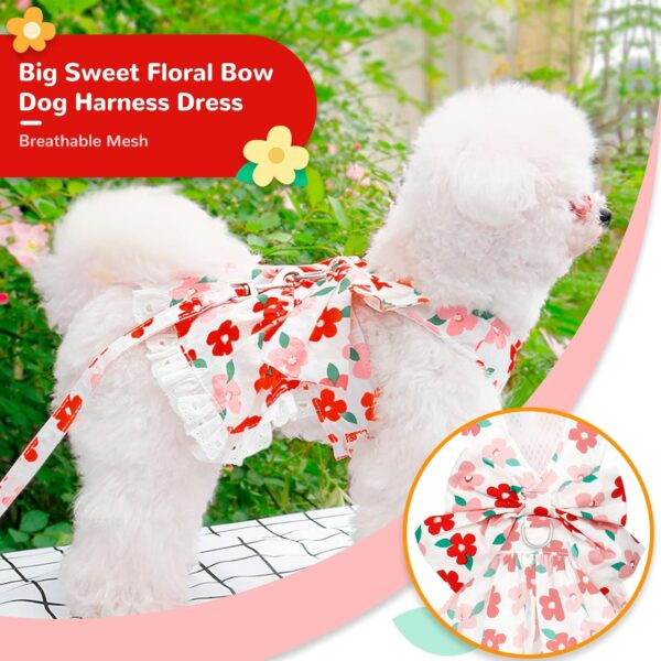 Cute Floral Dog Harness Dress and Leash Set for Small Dog Cats Girl Puppy Bowknot Princess Birthday Dress Summer Female Pet Small Dog Clothes Lace Doggie Kitten Outfits Apparel(Red,XS) - Image 4