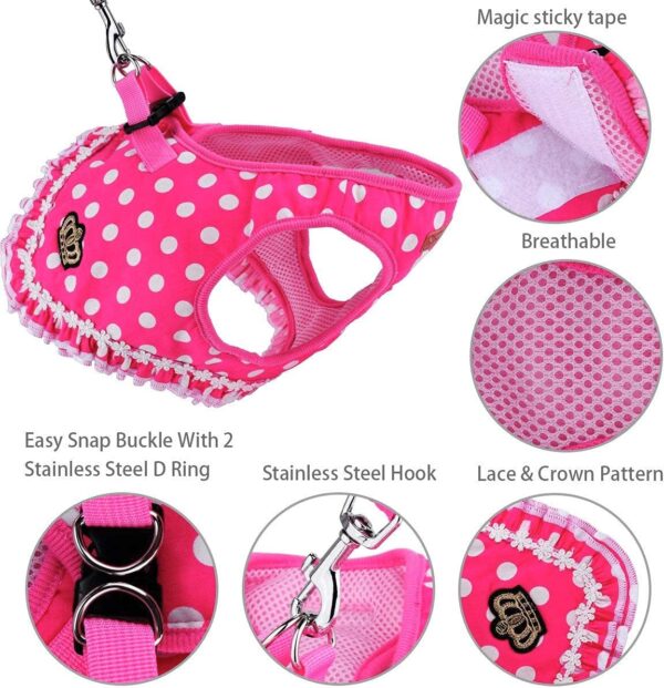 BARKLESS Cute Small Dog Harness, Ladies Polka Dots Dog Vest Harness Set with Pink Leash and Bowknot Collar, 3 in 1 Girl Style Vest Harness Set for Puppy and Cat (L (Chest: 14-18"), Pink) - Image 2