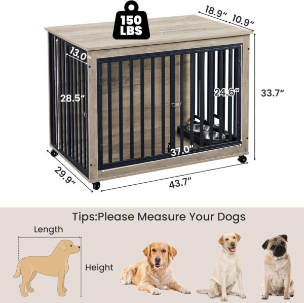 Large Dog Crate, Dog Crate Furniture for Large Dog Medium Dog, 44 Inch, Large Dog Kennel Indoor with 2 Removable Dog Bowls, Flip-Up Top Opening and Wheels, Heavy Duty Dog Crate, Grey - Image 2