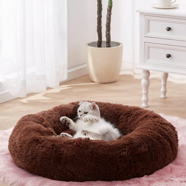 SunStyle Home Dog Bed, Anti-Slip Cute Cat Bed Faux Fur Fluffy Donut Cuddler Anxiety Cat Bed,Washable Round Cat Beds for Indoor Cats,M(24"x24"),Chocolate,for Cats & Dogs Up to 25 lbs