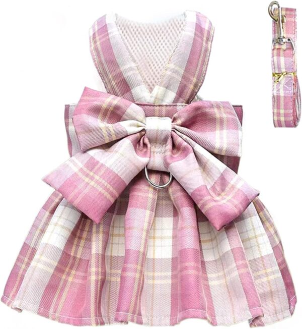 Plaid Dog Dress Bow Tie Harness Leash Set for Small Dogs Cats Girl Cute Princess Dog Dresses Spring Summer Puppy Bunny Rabbit Clothes Chihuahua Yorkies Pet Outfits