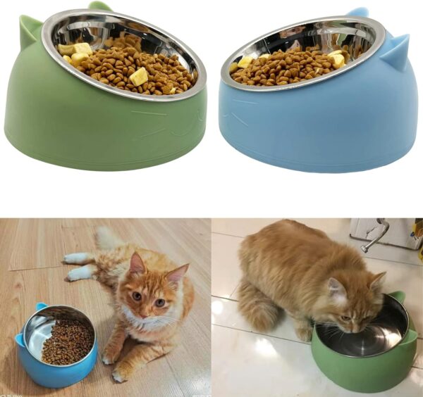 PINVNBY 2PCS Raised Cat Bowl Tilted 15° Slanted Elevated Bulldog Feeder Non-Spill Dog Kitten Food Dish Anti-Slip Detachable Pet Stainless Steel Slope Base for Small Pets Blue&Green - Image 2