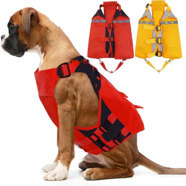 DENTRUN Dog Life Jacket Folding Dog Life Vest for Swimming Boating Portable Airbag Dog Life Preserver Floatation Safety Pool Lake Reflective Coat, High Visibility Dog Lifejacket for Large Dog