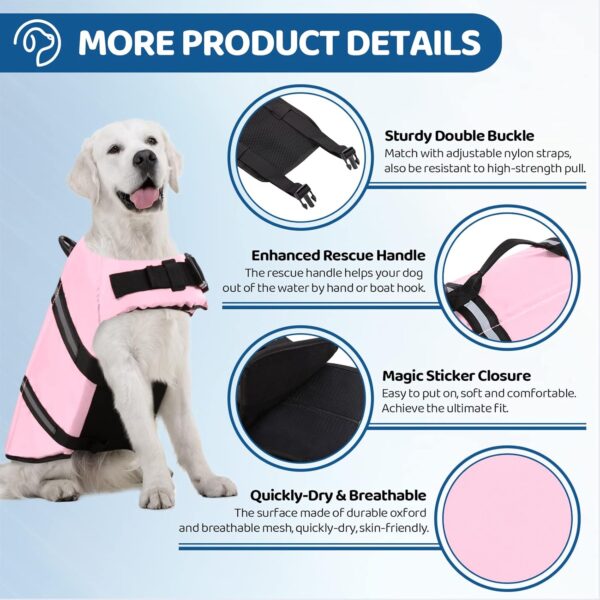 SUNFURA Ripstop Dog Life Jacket, Dog Flotation Life Vests for Swimming, Beach Boating Dog Life Preserver with High Buoyancy and Rescue Handle for Small Medium Large Dogs (Light Pink, XS) - Image 3