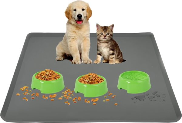 Skywin Pet Food Mat - 28 x 30” Dog Food Mat, Silicone Cat Food Mat, Non Slip Cat Dog Mat for Food and Water, Dog Bowl Mat, Floor Protector Dog Food Mats for Floors Waterproof, Pet Supplies (Grey)