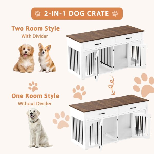 EBE Dog Crate Furniture, 63''Wooden Dog Kennel with 2 Drawers and Removable Divider, Heavy Duty Dog Crate Indoor Furniture with Double Rooms, Dog Crate Table Indoor TV Stand for Small Medium Dog - Image 5