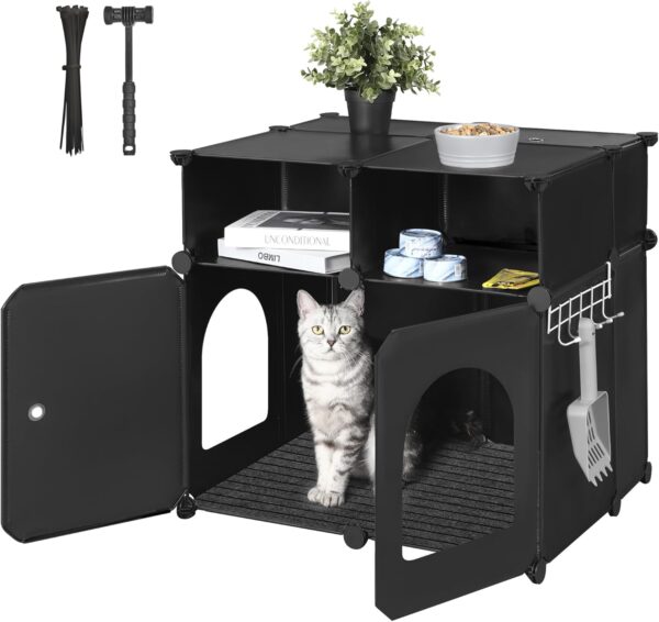 Cat Litter Box Enclosure, Plastic Covered Little Box with Mat, Splash Proof Litter Box Furniture, with Storage, 23.7 x 18.5 x 22.5 inches, End Table for Living Room, Black CB81799BK