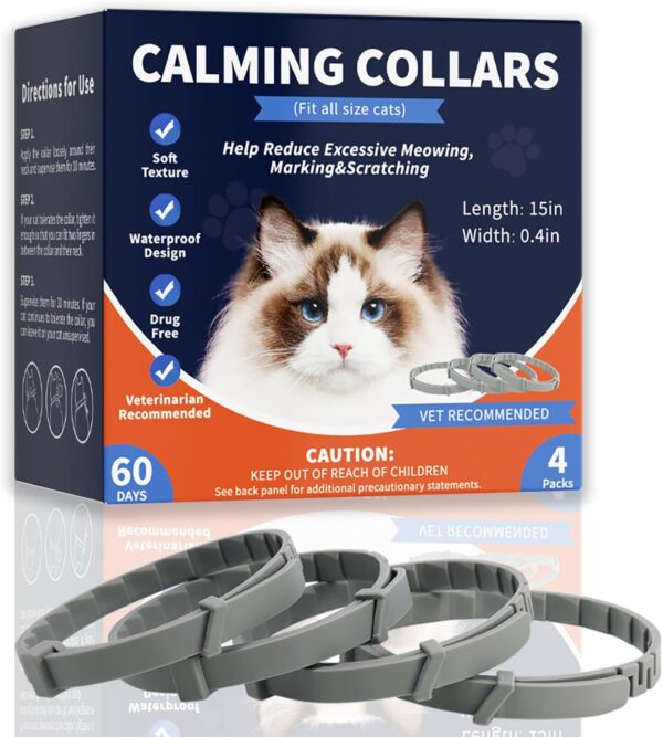 4 Pack Calming Collar for Cats, Cat Calming Pheromones Indoor and Outdoor Activities, Natural Scent Adjustable Fit Kittens to Large Cats Relieve Stress Calming Products