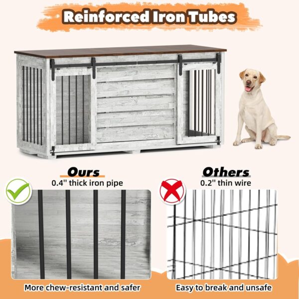 EBE Dog Crate Furniture, 63''Wooden Dog Kennel with Removable Divider and Sliding Door, Dog Crate with Double Rooms, Heavy Duty Dog Crate Table Indoor TV Stand for Small Medium Large Dogs - Image 4