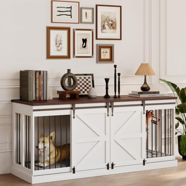 Dog Crate Furniture - Indoor Wooden Dog Kennel with Room Divider and Double Sliding Barn Doors - 71"x23.6"x31.5"H, White