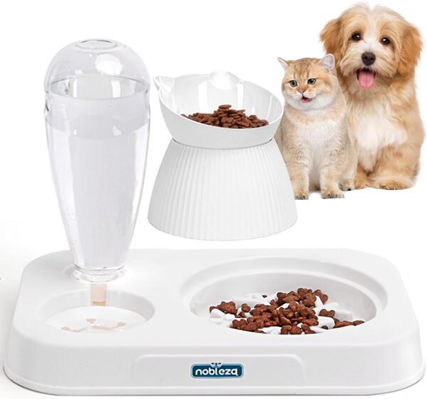 Nobleza 3-in-1 Slow Pet Feeder Bowl Bottle Set, Automatic Pet Dispenser Treat Food & Water Bowl with 15° No Spill Tilted Raised Bowl for Cat Dog Small Medium Pet Kitten Puppy Bunny Healthy Food Water