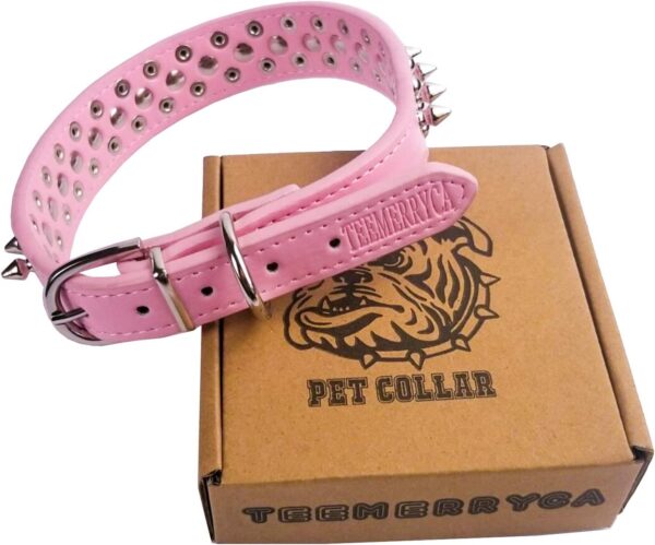 TEEMERRYCA Adjustable Leather Spiked Studded Dog Collars with a Squeak Ball Gift for Small Medium Large Pets Like Cats/Pit Bull/Bulldog/Pugs/Husky, Pink, L(15"-18.5") - Image 2