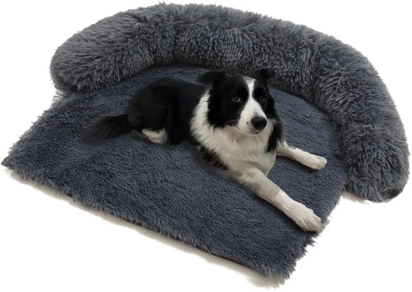 Dog Bed Mats Calming Fluffy Plush Sofa Bed for Pets Furniture Protector Anti Anxiety Dog Bed Plush Long Fur Mat for Pets Waterproof Lining with Removable Washable (Dark Grey, 37.4" L x 31" W x5.3 Th)