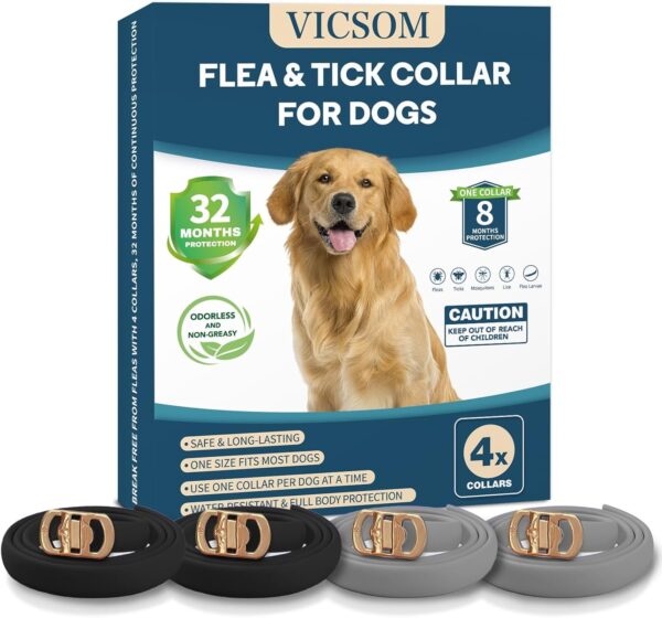 VISCOM 4 Pack Flea Collar for Dogs, Flea and Tick Collar for Dogs, 32 Months Flea and Tick Prevention for Dogs, Dog Flea and Tick Treatment, Water-resistant & Adjustable Dog Flea Collar - Black & Grey