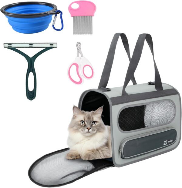 Cat Travel Carrier, Pet Travel Carrier by Airplane Approved Under seat, TSA Airline Approved Cat Carrier, with Flea Comb, De-Shedder, Feeding Bowl, Double Holes Cat Nail Clippers, Grey