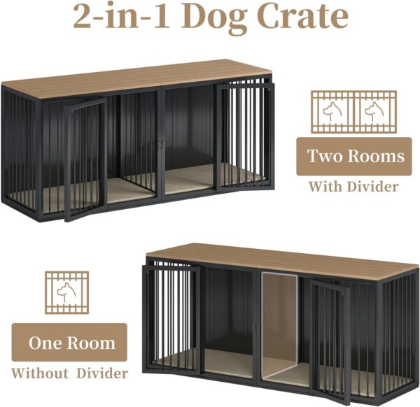 Large Dog Crate Furniture for 2 Dogs, 71.6'' Steel Frame Dog Crate with Double Doors, Heavy Sturdy Dog Kennel for Small Medium Large Dog, Indoor Double Dog Cage (Black) - Image 3