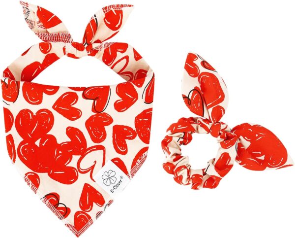 E-Clover Mothers Day Dog Bandana & Matching Scrunchie-Heart Dog Bandanas Red Pet Scarf Bib for Medium Large Dogs Girl Boy Owner Valentines Mom Gift