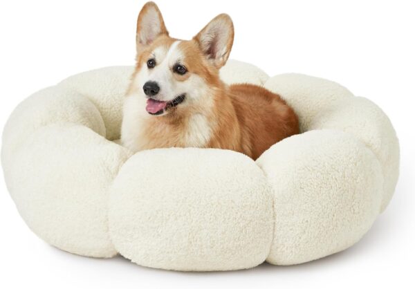 Lesure Calming Large Dog Bed - Flower Donut Round Fluffy Puppy Bed in Plush Teddy Sherpa, Non-Slip Cute Flower Dog Beds, Large Pet Bed Fits up to 100 lbs, Machine Washable, Cream 36"