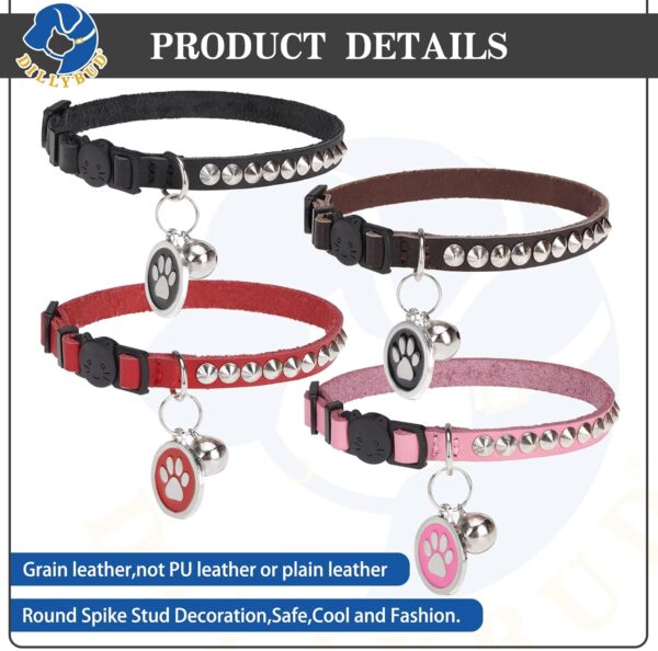 Leather Personalized Breakaway Cat Collar with Studded Bell and Safety Quick Release Buckle - Rivets Studded ID DIY Collars for Boy Girl Cats Kittens, 9" - 11.5" Black - Image 4