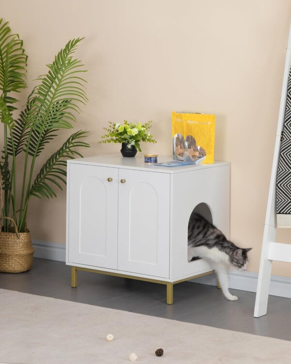 Cat Litter Box Enclosure, Hidden Litter Box Furniture, Wooden Pet House Side End Table, Storage Cabinet Bench, Fit Most Cat and Litter Box, Living Room, Bedroom, White and Gold CB81203G - Image 6