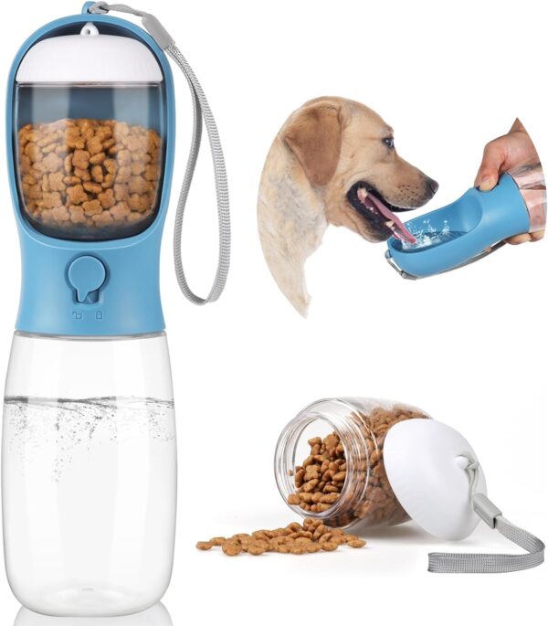 Kytely Dog Water Bottle with Food Container, Portable Travel Dog Water Dispenser, Puppy Drinking Bowl for Outdoor Walking,Hiking,Puppy Essentials,Dog Stuff-Pet Accessories(19oz Blue)