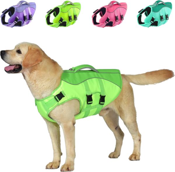 Dog Life Jacket, Reflective Dog Harness Life Vest with Rescue Handle for Swimming Boating, Adjustable High Buoyancy Flotation Swim Vest for Small Meium Large Dogs - Green, L