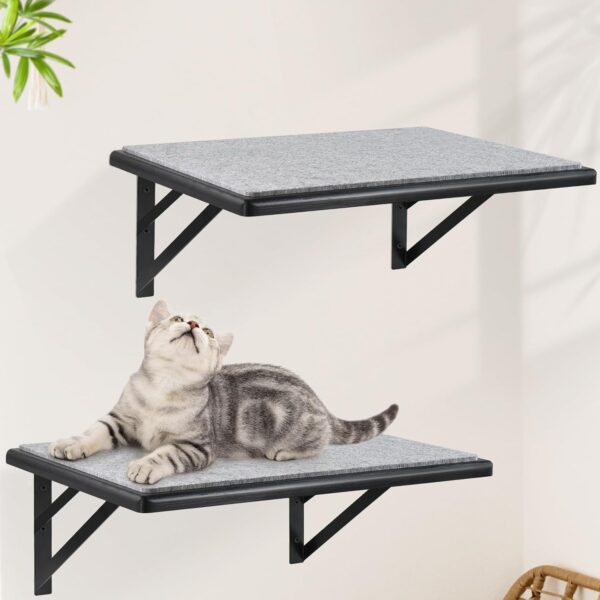 Cat Wall Shelves Set of 2, Wood Cat Shelves for Wall, Cat Wall Bed Hammock with Scratching Pad, Cat Climbing Shelf for Sleeping Playing, Cat Window Perch for Large Cats, Black Cat Furniture for Indoor