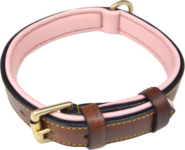 Leather Padded Dog Collar, Brown with Light Pink Padding, Size Medium, Real Genuine Leather