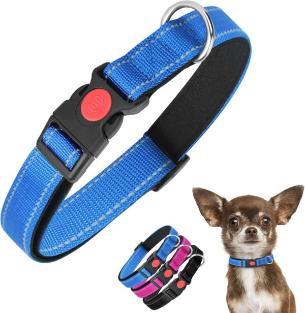 Nobleza Reflective Dog Collar, Soft Neoprene Padded Puppy Collar with Quick Release Buckle and Safety Lock, Adjustable Durable Nylon Pet Collar for Small, Medium and Large Dogs (Blue, XS)