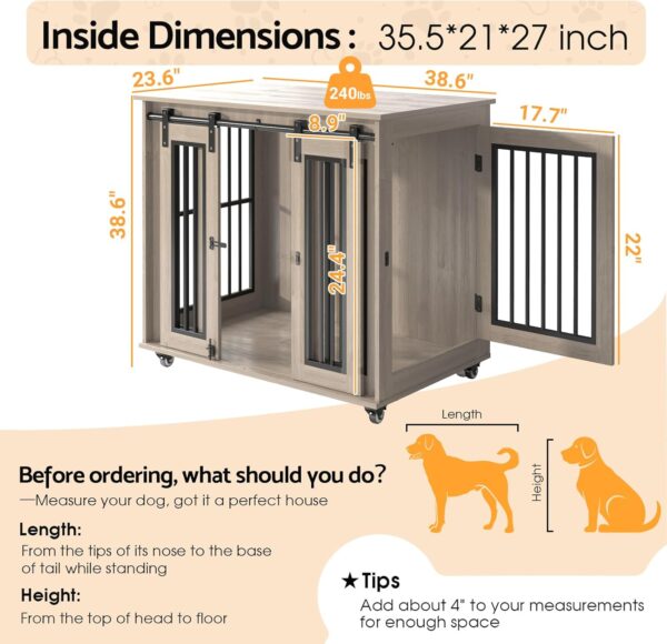 Dog Crate Furniture with Sliding Barn Door, 38.5 Inch Heavy Duty Dog Kennel Chew-Resistant, Indoor Wooden End Table Pet House for Small/Medium/Large Dogs (Grey) - Image 7