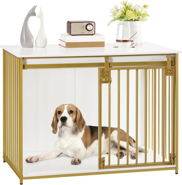 HOOBRO Dog Crate Furniture, 39.4" Heavy Duty Dog Kennel with Sliding Barn Door, Decorative Dog Crate Indoor, End Side Table for Small/Medium Dog, White and Gold DW162GW03 - Image 9