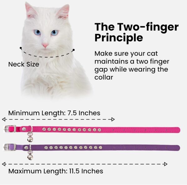 2 Pack Cat Collars with Bells, Rhinestones Leather Cat Collar with Elastic Strap, Kitten Collar, Adjustable Diamond Cat Collar for Girl Boy, 7.5" - 11.5", Rose Red and Purple - Image 2