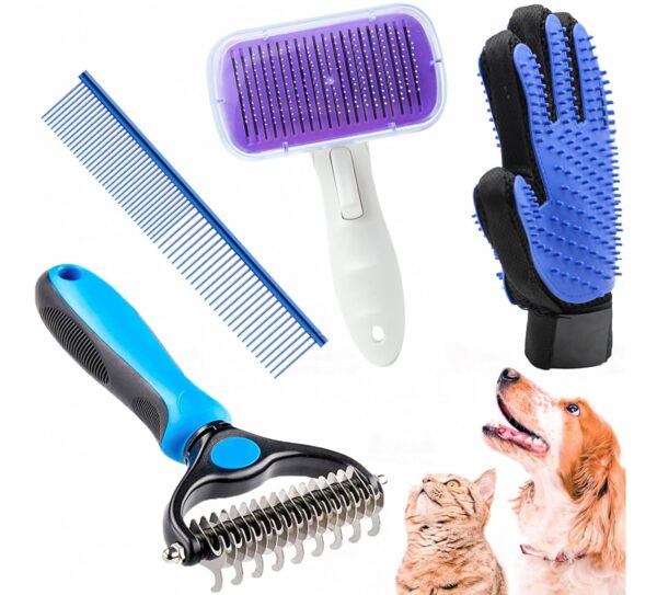 Dog Grooming Kit with Self Cleaning Slicker Cats Dogs Brush for Shedding,Pet Hair Remover Massage Pet Grooming Gloves Shedding Dematting Steel Comb for Long & Short Haired Cats Dogs