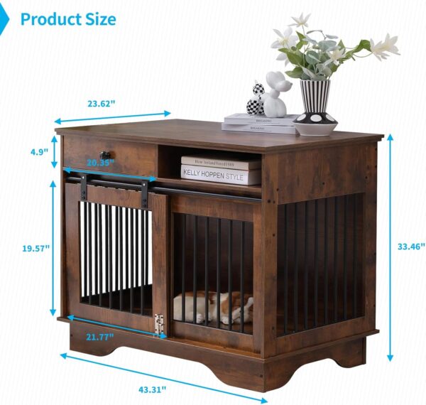 43" Furniture Style Dog Crate, Dog Kennel with Storage Drawers, Dog Furniture End Table, Wooden Dog Crate with Sliding Barn Doors, Indoor, for Small/Medium Dogs,Rustic Brown - Image 7