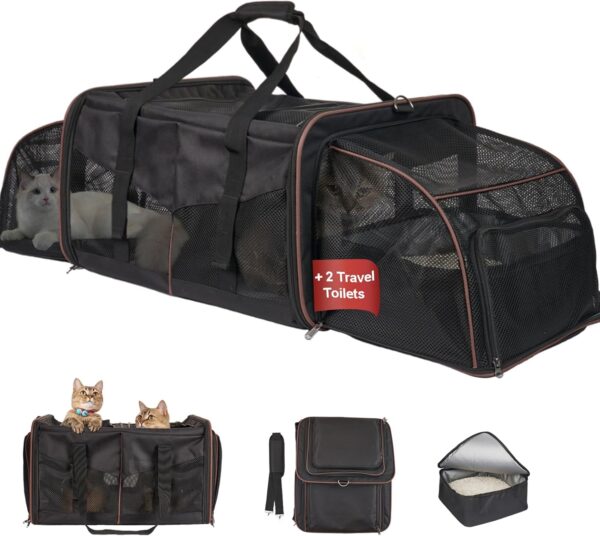 Cat Carrier for 2 Cats - INRLKIT Cat Carrier with Litter Box, Portable 2-in-1 Double Cat Travel Carrier Bag for Traveling, Expandable Soft-Sided Cat Carrier, Dog Carrier, Pet Carrier (Black)