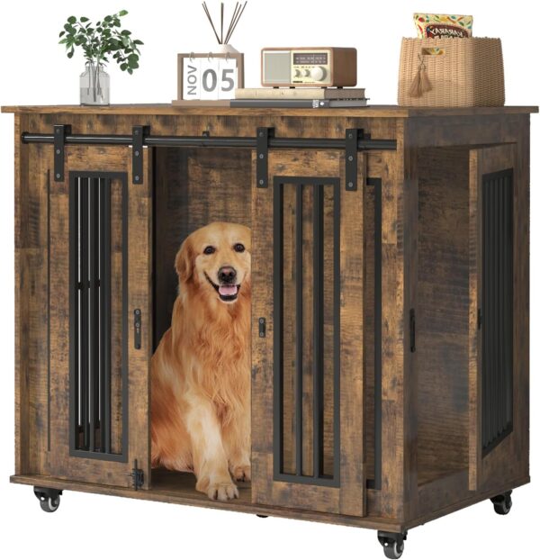 38.5" Wood Dog Crate Furniture with Wheels & Sliding Barn Door, Heavy Duty Dog Kennel Indoor, Large Dog Cage Furniture End Table for Small/Medium/Large Dogs (Brown)